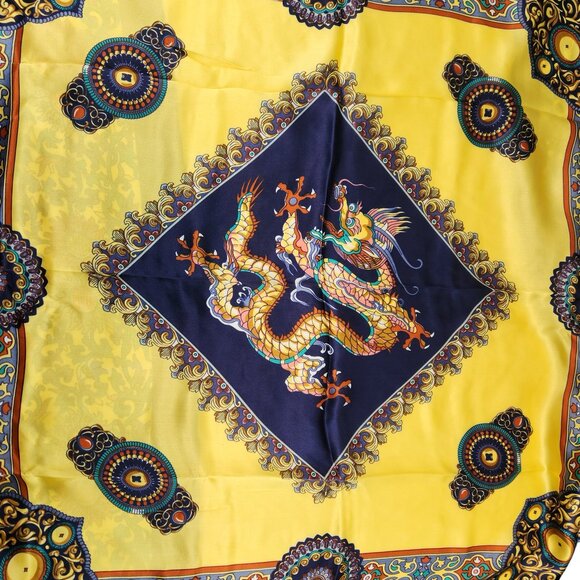 VTG Tongyu 100% Silk Scarf 42x42 Hand Rolled Hem Chinese Dragon Motif Multicolor - Picture 9 of 15